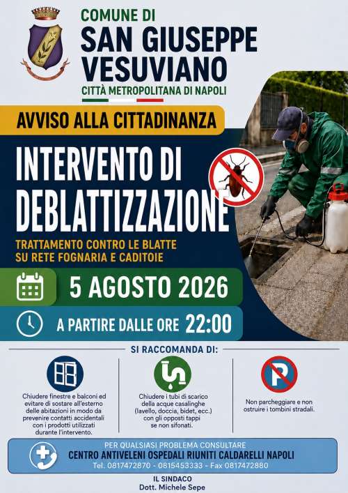 Avviso di deblattizzazione sul territorio comunale per il giorno 5 agosto 2026